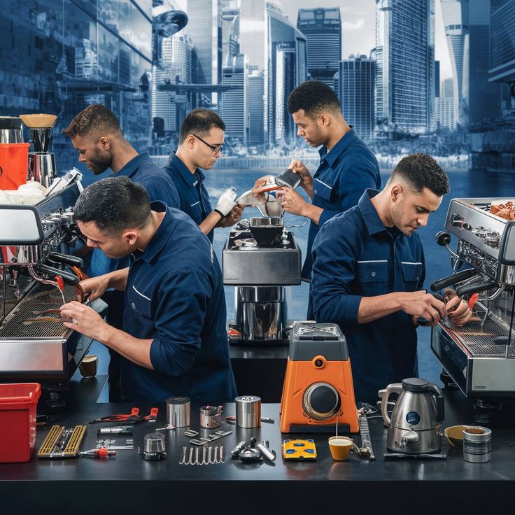 Techniciens réparant des machines à café alignées, soulignant notre expertise en entretien et réparation pour garantir la performance de vos équipements.