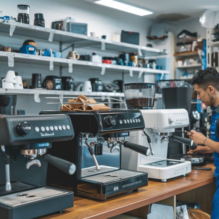 Équipe de techniciens en train de réparer plusieurs machines à café alignées, illustrant notre service d'entretien et de réparation professionnel pour vos équipements