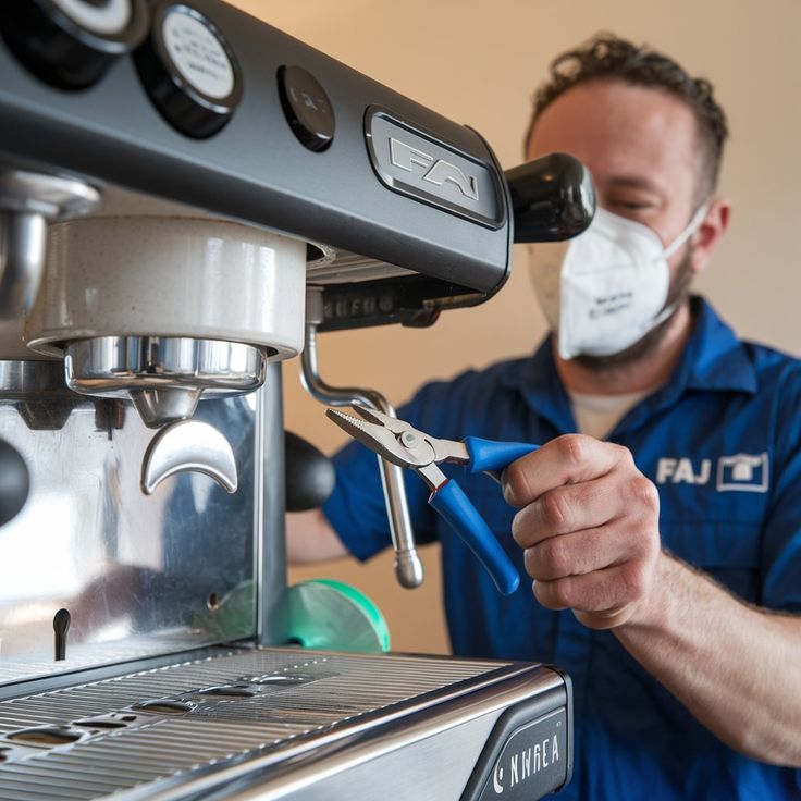 Technicien en train de réparer une machine à café professionnelle, garantissant un service d'entretien rapide et efficace en entreprise.