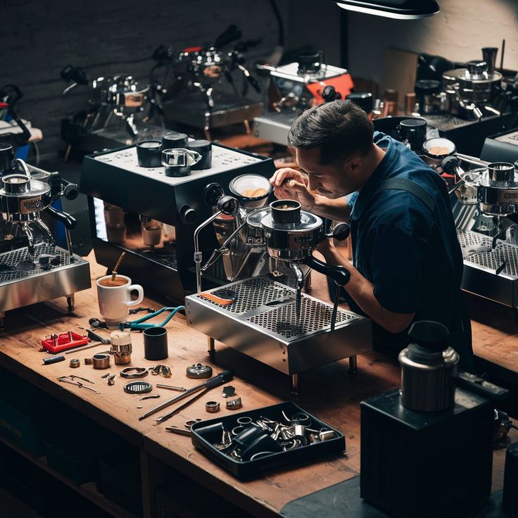 Technicien réparant une machine à café, garantissant une maintenance, un entretien et une réparation professionnelle et rapide pour assurer le bon fonctionnement de vos équipements.