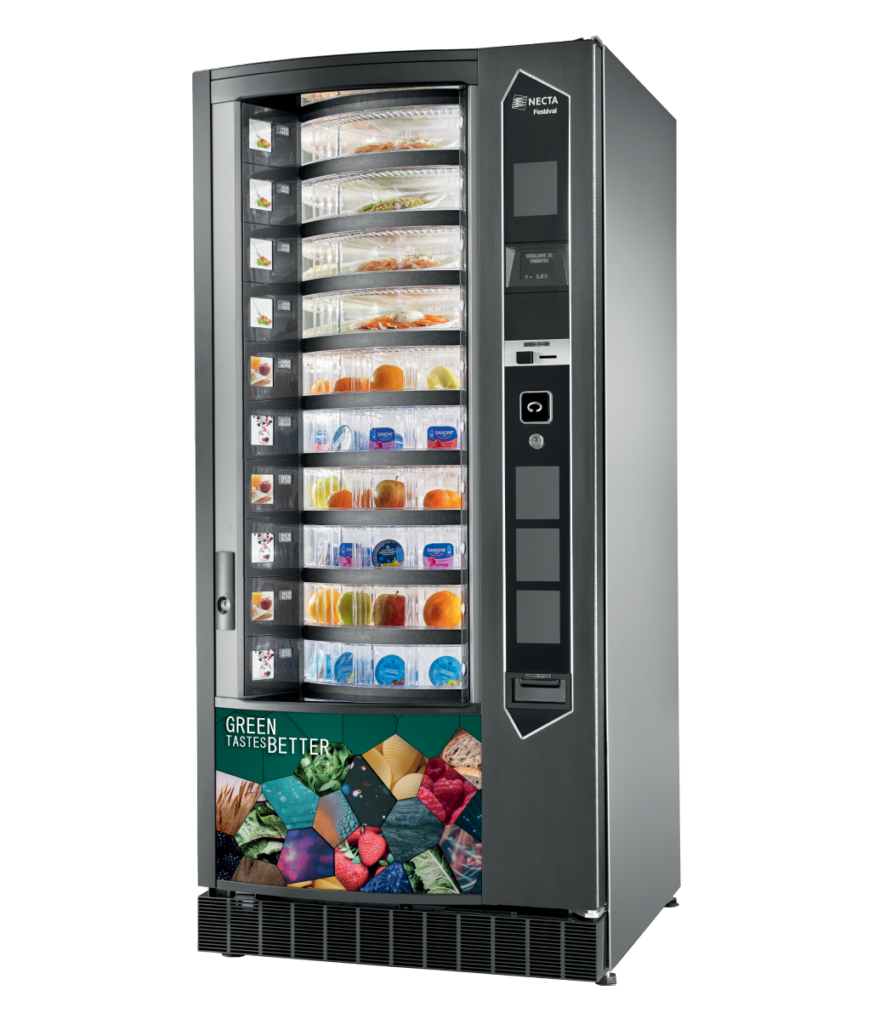 Distributeur automatique moderne avec un design unique, offrant un accès facile à une large gamme de produits.